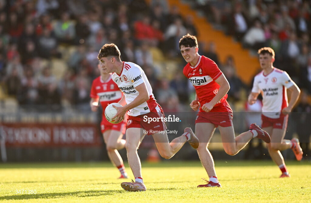 29 May 2026; Aodhan Corry of Tyrone in action against Connail Campbell of Derry during the Electric Ireland Ulster GAA Football Minor Championship final match between Derry and Tyrone at O'Donnell Park in Letterkenny, Donegal. Photo by Ramsey Cardy/Sportsfile