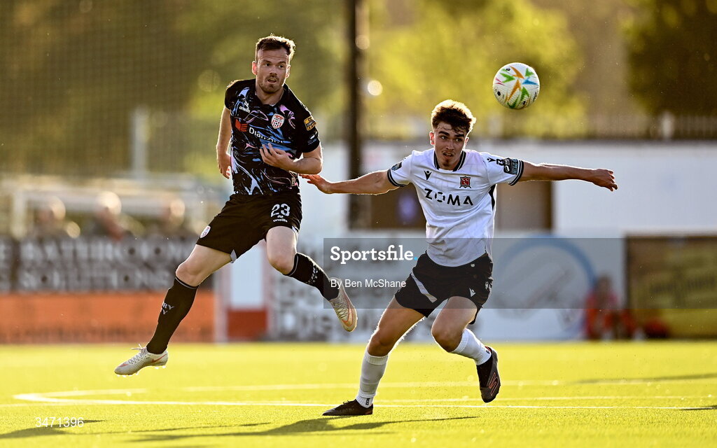 29 May 2026; Cameron Dummigan of Derry City in action against Eoin Kenny of Dundalk during the SSE Airtricity Men’s Premier Division match between Dundalk and Derry City at Oriel Park in Dundalk, Louth. Photo by Ben McShane/Sportsfile