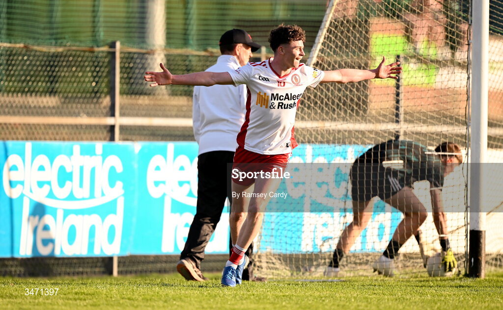 29 May 2026; Logan O'Connor of Tyrone celebrates after scoring his side's second goal during the Electric Ireland Ulster GAA Football Minor Championship final match between Derry and Tyrone at O'Donnell Park in Letterkenny, Donegal. Photo by Ramsey Cardy/Sportsfile