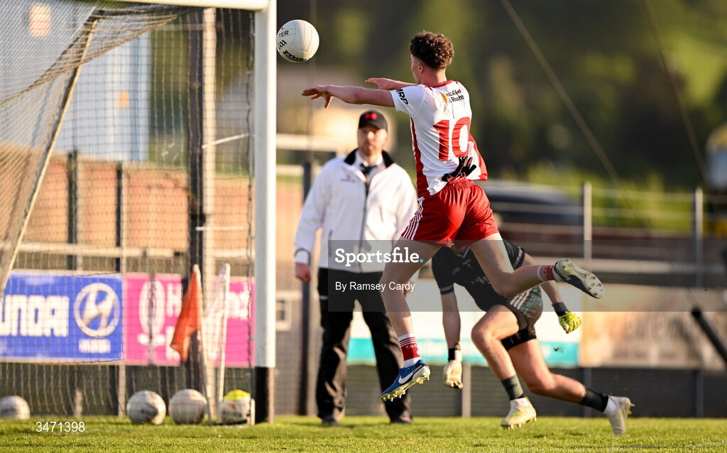 29 May 2026; Logan O'Connor of Tyrone scores his side's second goal during the Electric Ireland Ulster GAA Football Minor Championship final match between Derry and Tyrone at O'Donnell Park in Letterkenny, Donegal. Photo by Ramsey Cardy/Sportsfile