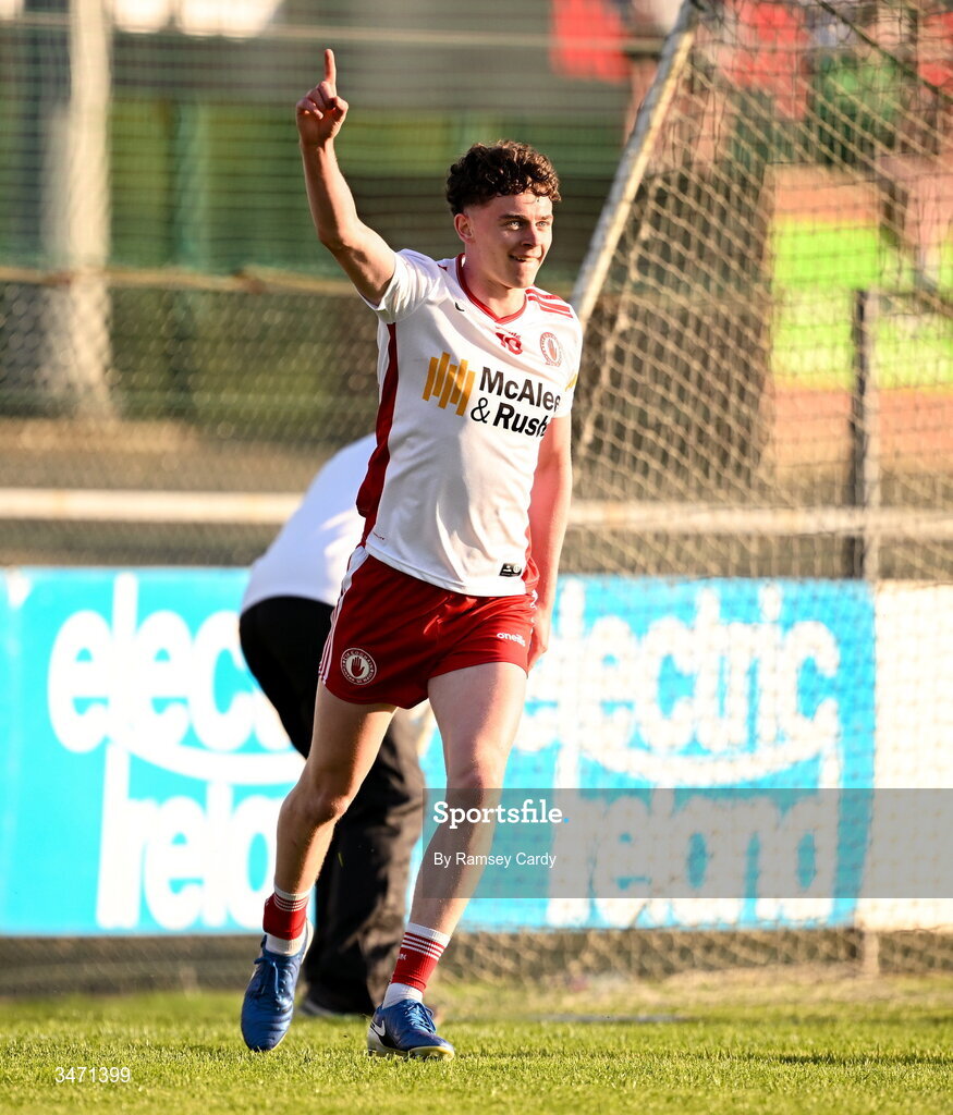 29 May 2026; Logan O'Connor of Tyrone celebrates after scoring his side's second goal during the Electric Ireland Ulster GAA Football Minor Championship final match between Derry and Tyrone at O'Donnell Park in Letterkenny, Donegal. Photo by Ramsey Cardy/Sportsfile