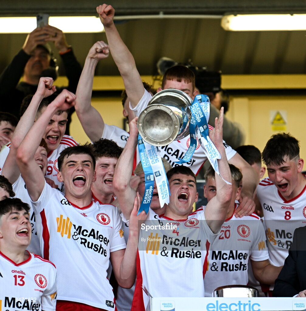 29 May 2026; Tyrone captain Ciaran McCrystal lifts the trophy after the the Electric Ireland Ulster GAA Football Minor Championship final match between Derry and Tyrone at O'Donnell Park in Letterkenny, Donegal. Photo by Ramsey Cardy/Sportsfile