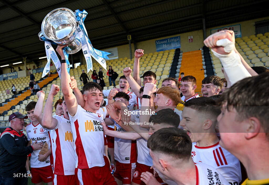 29 May 2026; Tomas Gallen of Tyrone celebrates with the trophy after the the Electric Ireland Ulster GAA Football Minor Championship final match between Derry and Tyrone at O'Donnell Park in Letterkenny, Donegal. Photo by Ramsey Cardy/Sportsfile