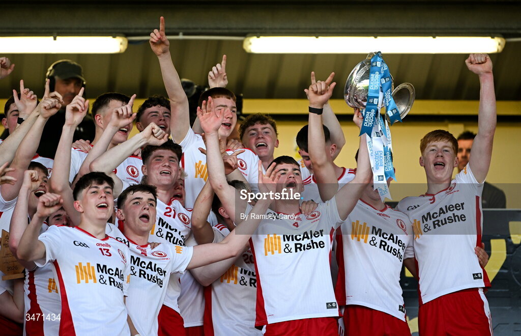 29 May 2026; Tyrone captain Ciaran McCrystal lifts the trophy after the the Electric Ireland Ulster GAA Football Minor Championship final match between Derry and Tyrone at O'Donnell Park in Letterkenny, Donegal. Photo by Ramsey Cardy/Sportsfile