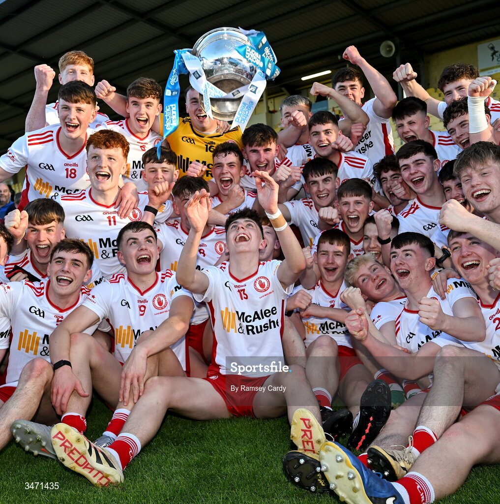 29 May 2026; The Tyrone team celebrate with the trophy after the the Electric Ireland Ulster GAA Football Minor Championship final match between Derry and Tyrone at O'Donnell Park in Letterkenny, Donegal. Photo by Ramsey Cardy/Sportsfile