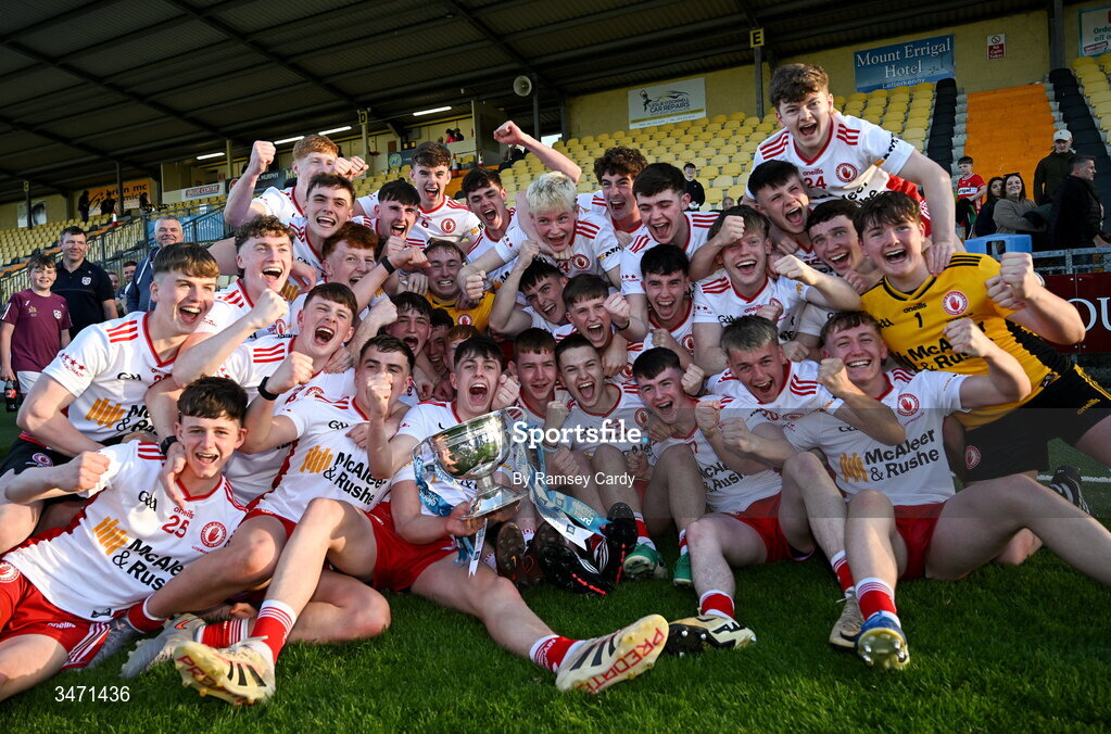 29 May 2026; The Tyrone team celebrate with the trophy after the the Electric Ireland Ulster GAA Football Minor Championship final match between Derry and Tyrone at O'Donnell Park in Letterkenny, Donegal. Photo by Ramsey Cardy/Sportsfile