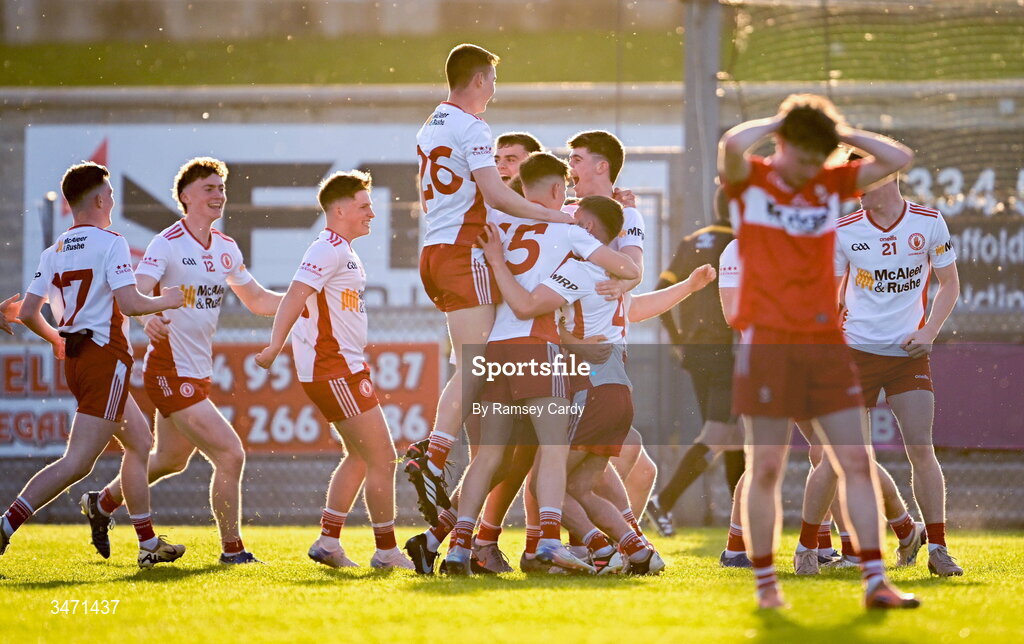 29 May 2026; Tyrone players celebrate at the final whistle of the Electric Ireland Ulster GAA Football Minor Championship final match between Derry and Tyrone at O'Donnell Park in Letterkenny, Donegal. Photo by Ramsey Cardy/Sportsfile