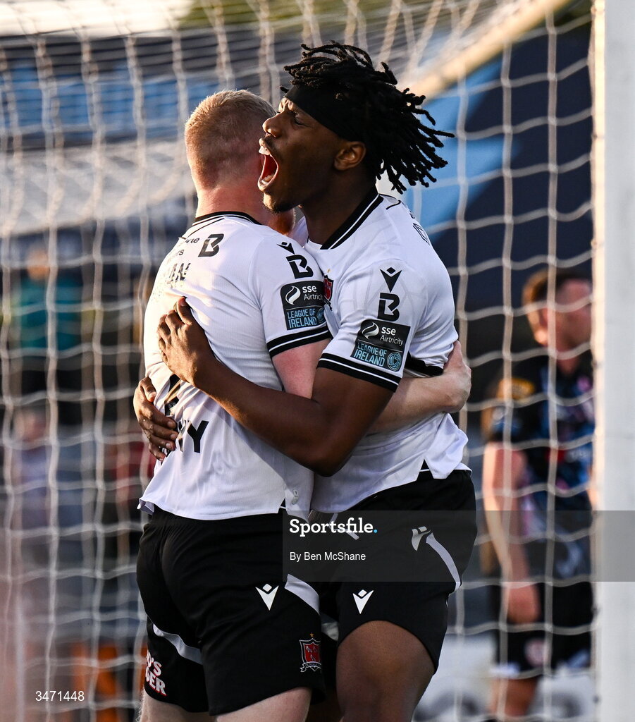 29 May 2026; Gbemi Arubi of Dundalk celebrates with Daryl Horgan, left, after scoring their side's second goal during the SSE Airtricity Men’s Premier Division match between Dundalk and Derry City at Oriel Park in Dundalk, Louth. Photo by Ben McShane/Sportsfile