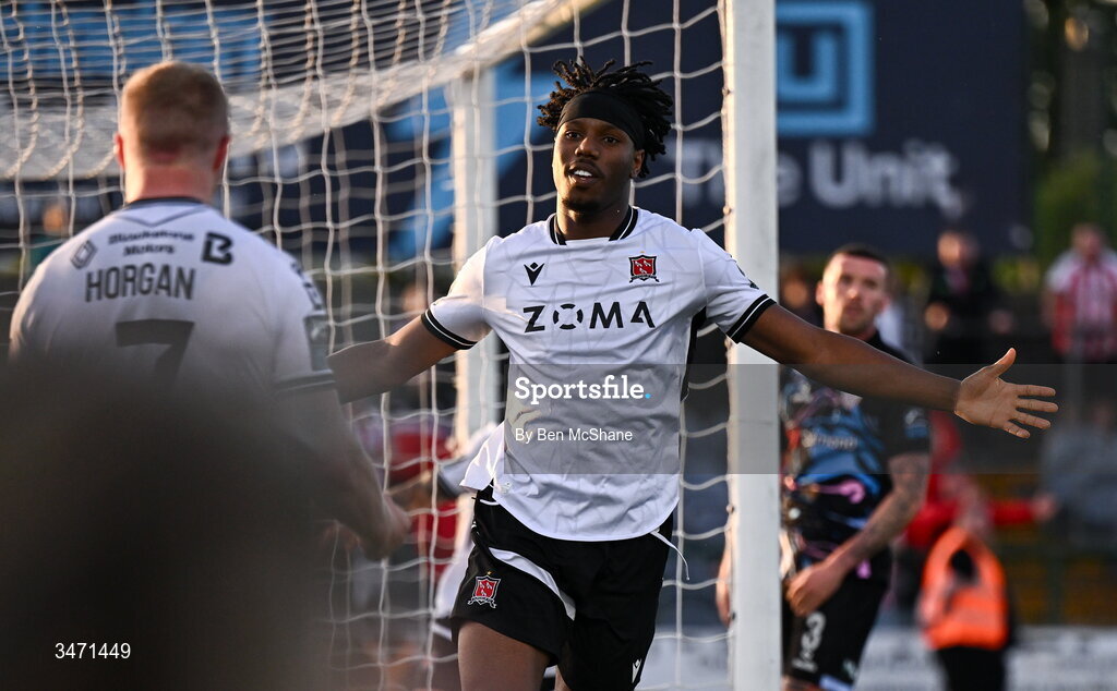 29 May 2026; Gbemi Arubi of Dundalk celebrates after scoring his side's second goal during the SSE Airtricity Men’s Premier Division match between Dundalk and Derry City at Oriel Park in Dundalk, Louth. Photo by Ben McShane/Sportsfile