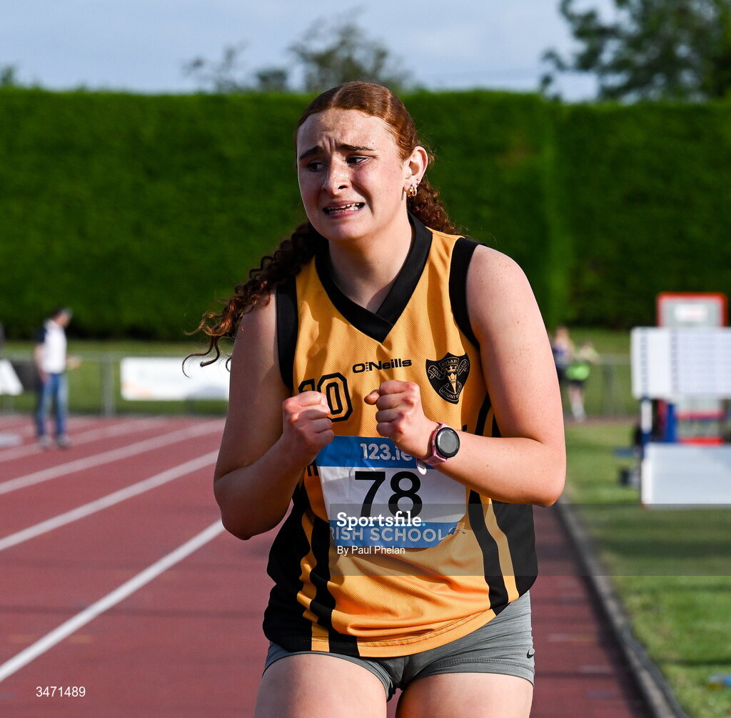 29 May 2026; Caoimhe Phelan of Holy Rosary College Mountbellew, Galway celebrates winning the senior girls 3000m walk during day one of the 123.ie All-Ireland Schools' Track and Field Championships at Tullamore Harriers Athletics Club in Offaly. Photo by Paul Phelan/Sportsfile