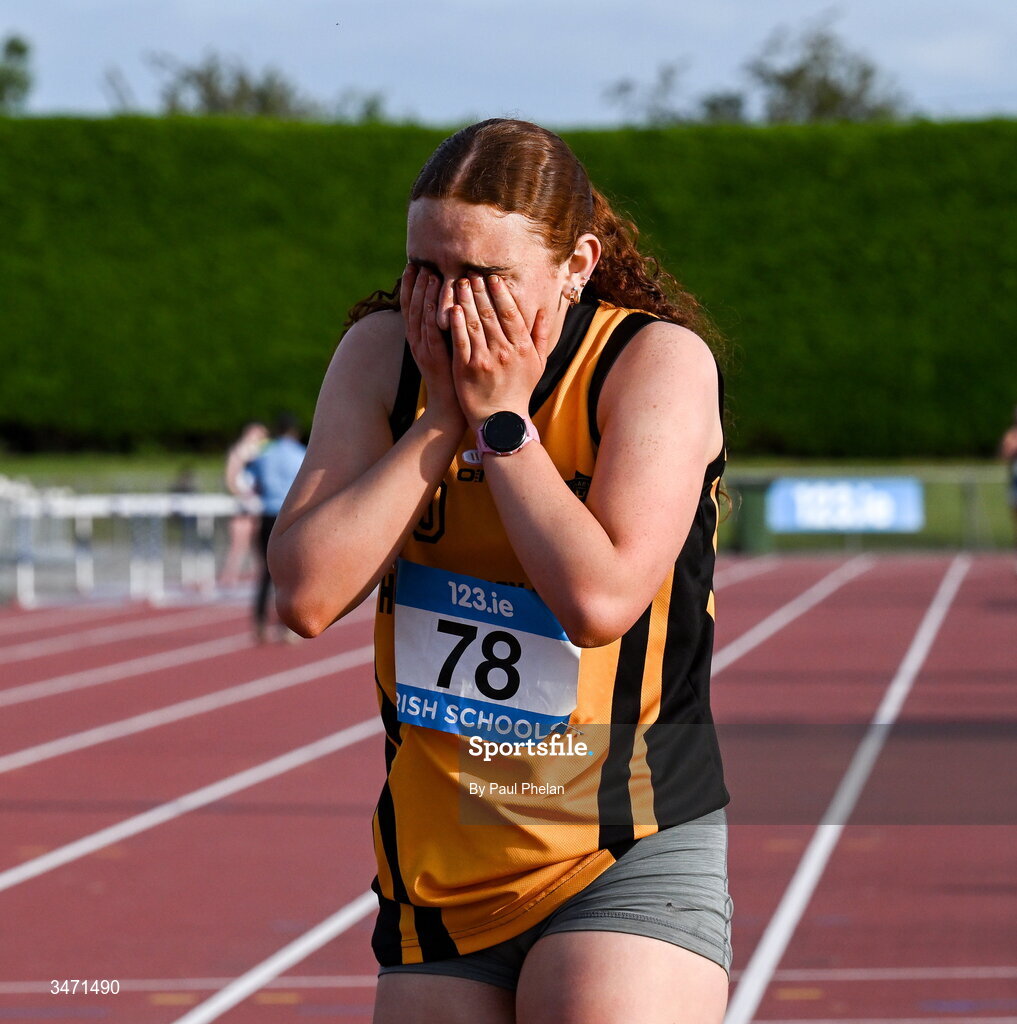 29 May 2026; Caoimhe Phelan of Holy Rosary College Mountbellew, Galway celebrates winning the senior girls 3000m walk  during day one of the 123.ie All-Ireland Schools' Track and Field Championships at Tullamore Harriers Athletics Club in Offaly. Photo by Paul Phelan/Sportsfile