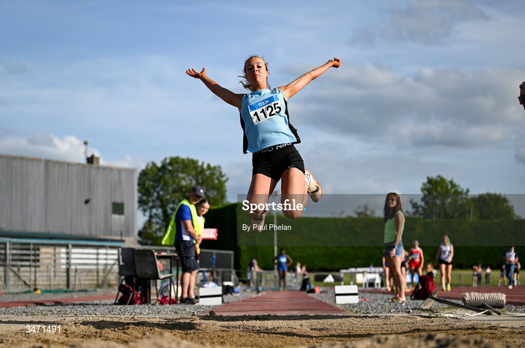 29 May 2026; Layla Haslett of Strathearn School, Antrim, competing in the junior girls long jump during day one of the 123.ie All-Ireland Schools' Track and Field Championships at Tullamore Harriers Athletics Club in Offaly. Photo by Paul Phelan/Sportsfile