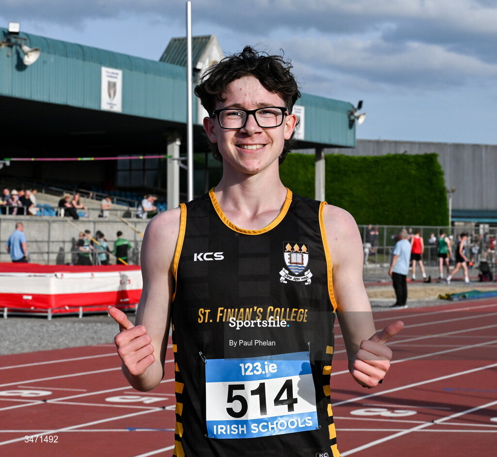 29 May 2026; Daniel Glennon of St. Finians Mullingar, Westmeath, celebrates winning the inter boys 2000m walk  during day one of the 123.ie All-Ireland Schools' Track and Field Championships at Tullamore Harriers Athletics Club in Offaly. Photo by Paul Phelan/Sportsfile