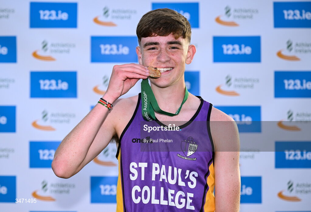 29 May 2026; Theo Duffy of St. Pauls Raheny, celebrates winning the inter boys 1500m steeplechase during day one of the 123.ie All-Ireland Schools' Track and Field Championships at Tullamore Harriers Athletics Club in Offaly. Photo by Paul Phelan/Sportsfile