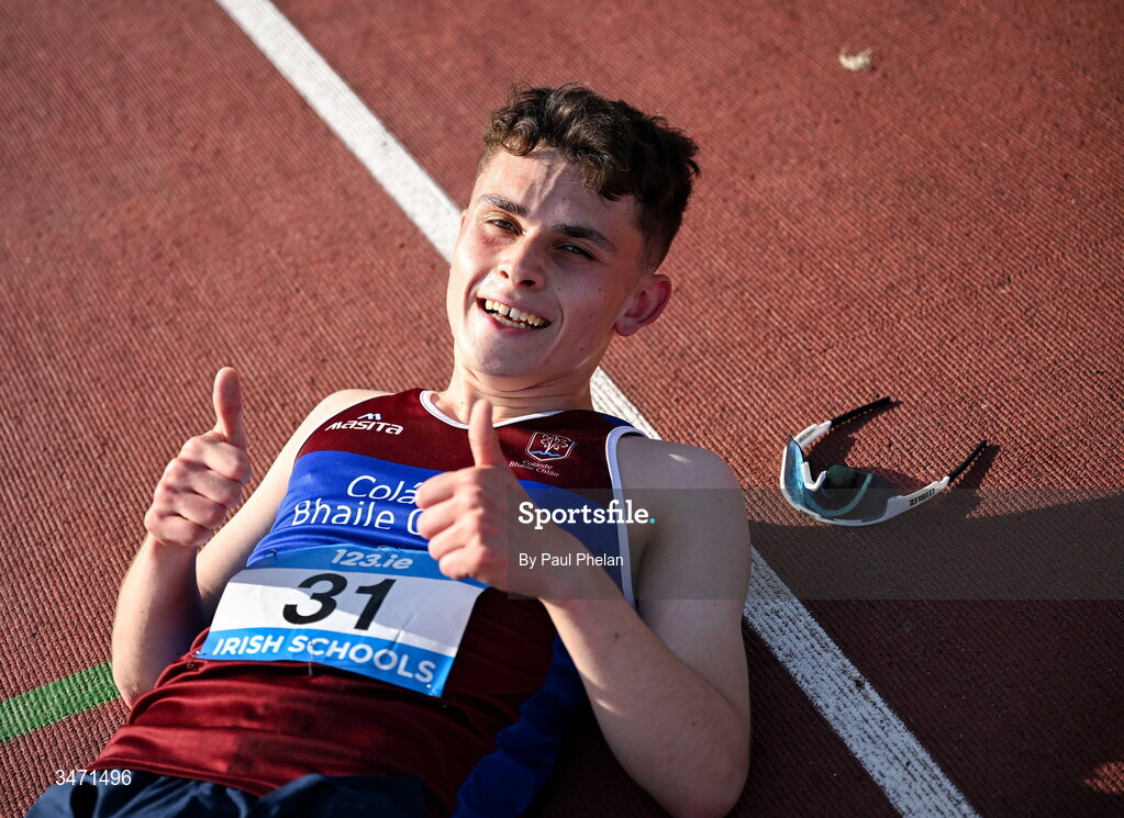 29 May 2026; Matthew Newell of Colaiste Bhaile Chlair, Galway, celebrates winning the senior boys 3000m walk during day one of the 123.ie All-Ireland Schools' Track and Field Championships at Tullamore Harriers Athletics Club in Offaly. Photo by Paul Phelan/Sportsfile
