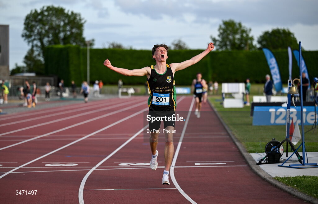 29 May 2026;  Lucas Lyons of St.Clare's Comprehensive Manorhamilton, Leitrim wins the senior boys 5000m during day one of the 123.ie All-Ireland Schools' Track and Field Championships at Tullamore Harriers Athletics Club in Offaly. Photo by Paul Phelan/Sportsfile