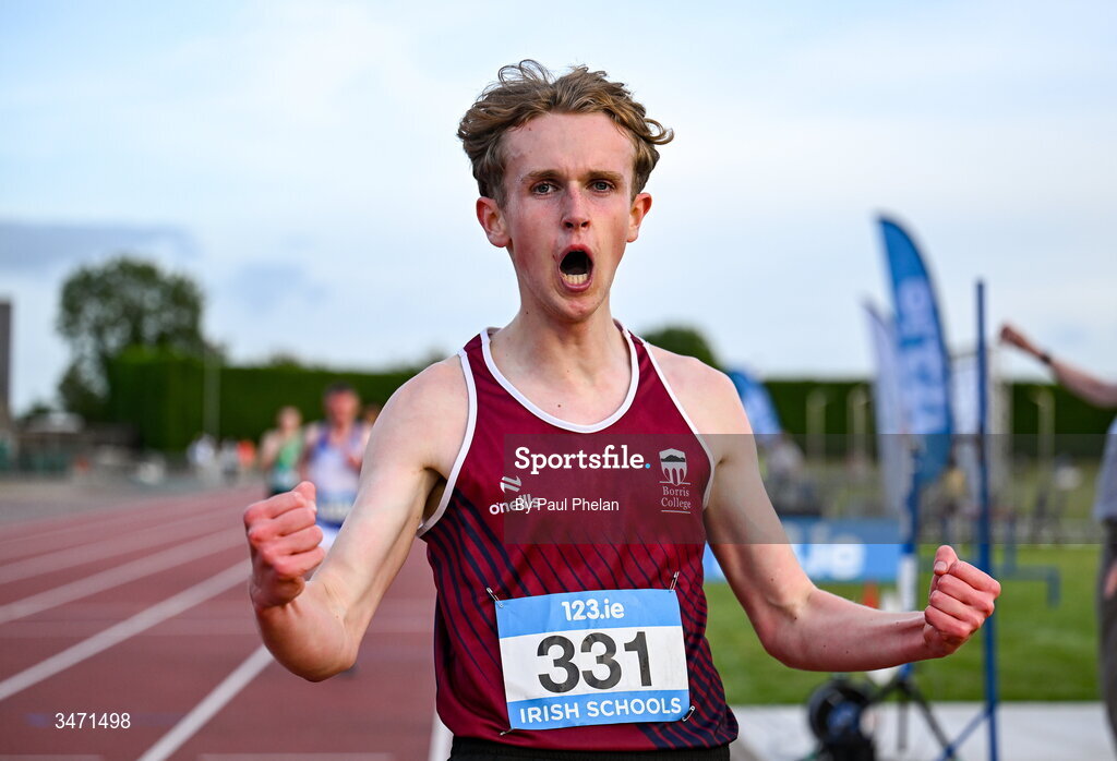 29 May 2026; Tom Murphy of Borris College, Carlow, celebrates winning the senior boys 2000m steeplechase during day one of the 123.ie All-Ireland Schools' Track and Field Championships at Tullamore Harriers Athletics Club in Offaly. Photo by Paul Phelan/Sportsfile