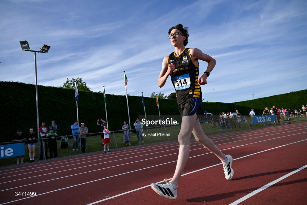 29 May 2026; Daniel Glennon of St. Finians Mullingar, Westmeath on his way to winning the inter boys 2000m walk  during day one of the 123.ie All-Ireland Schools' Track and Field Championships at Tullamore Harriers Athletics Club in Offaly. Photo by Paul Phelan/Sportsfile