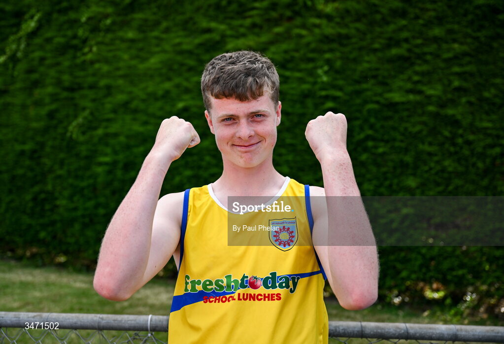 29 May 2026; Andrew Nolan of Lanesboro Community College, Longford, celebrates throwing a competition record of 16.96m, which he went on to extend to 17.98m in a later throw, in the minor boys shot put during day one of the 123.ie All-Ireland Schools' Track and Field Championships at Tullamore Harriers Athletics Club in Offaly. Photo by Paul Phelan/Sportsfile