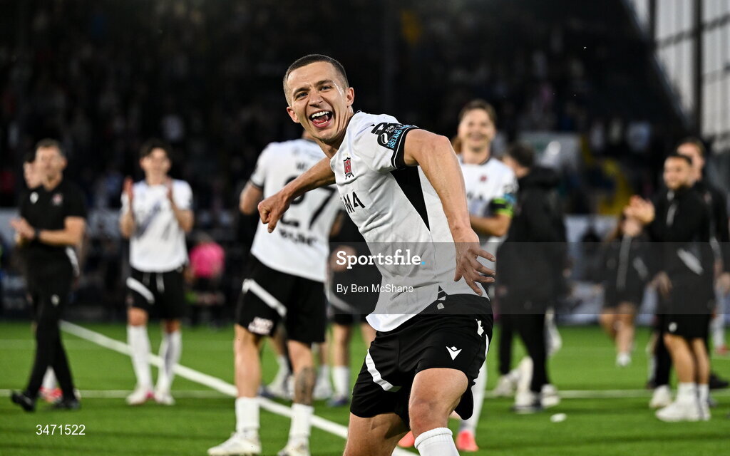 29 May 2026; Tyreke Wilson of Dundalk celebrates after the SSE Airtricity Men’s Premier Division match between Dundalk and Derry City at Oriel Park in Dundalk, Louth. Photo by Ben McShane/Sportsfile