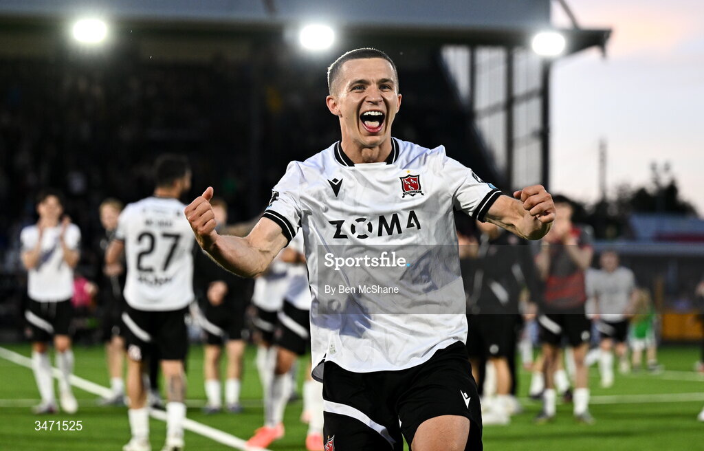 29 May 2026; Tyreke Wilson of Dundalk celebrates after the SSE Airtricity Men’s Premier Division match between Dundalk and Derry City at Oriel Park in Dundalk, Louth. Photo by Ben McShane/Sportsfile