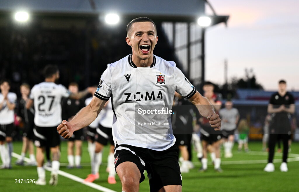 29 May 2026; Tyreke Wilson of Dundalk celebrates after the SSE Airtricity Men’s Premier Division match between Dundalk and Derry City at Oriel Park in Dundalk, Louth. Photo by Ben McShane/Sportsfile