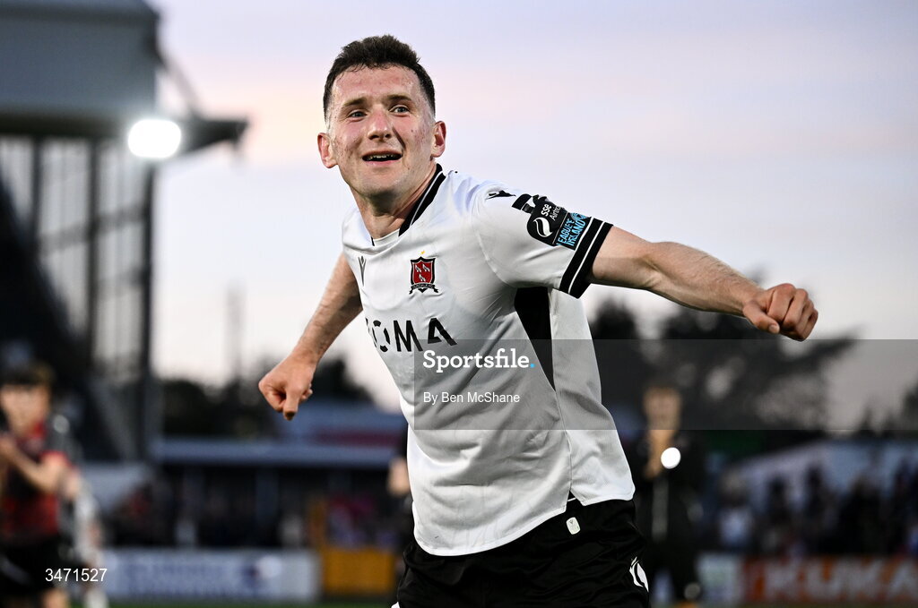 29 May 2026; Bobby Burns of Dundalk celebrates after the SSE Airtricity Men’s Premier Division match between Dundalk and Derry City at Oriel Park in Dundalk, Louth. Photo by Ben McShane/Sportsfile