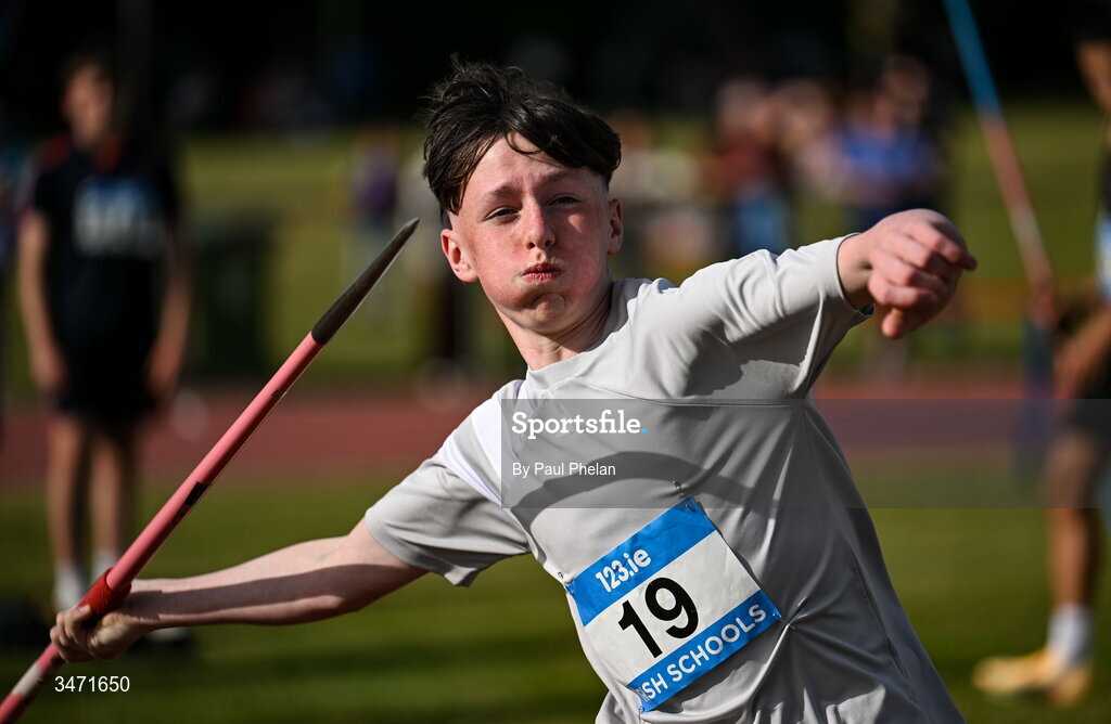 29 May 2026; Ronan Dennigan of CBS Roscommon, Roscommon, competing in the junior boys javelin during day one of the 123.ie All-Ireland Schools' Track and Field Championships at Tullamore Harriers Athletics Club in Offaly. Photo by Paul Phelan/Sportsfile