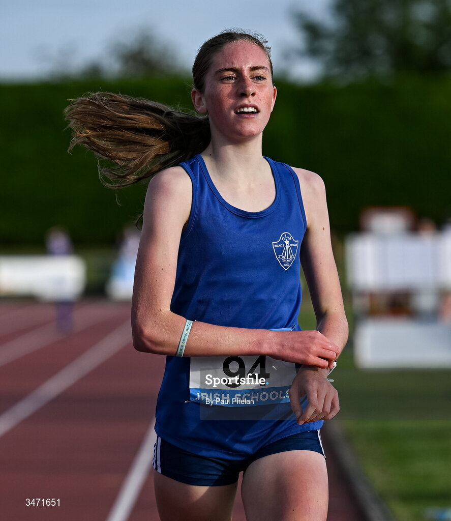 29 May 2026; Lucie Cawley of Mercy College Sligo, wins the inter girls 1500m steeplechase during day one of the 123.ie All-Ireland Schools' Track and Field Championships at Tullamore Harriers Athletics Club in Offaly. Photo by Paul Phelan/Sportsfile