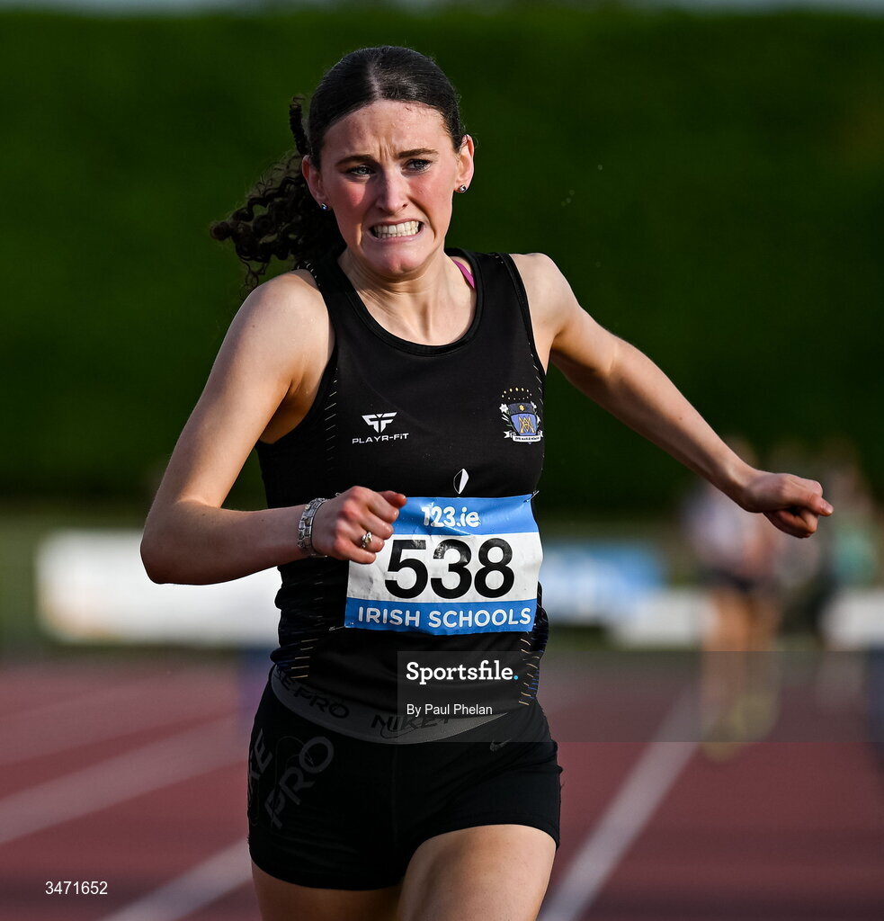 29 May 2026; Dearbhla Allen of St. Marys Dundalk, Louth, wins the senior girls 1500m steeplechase, during day one of the 123.ie All-Ireland Schools' Track and Field Championships at Tullamore Harriers Athletics Club in Offaly. Photo by Paul Phelan/Sportsfile