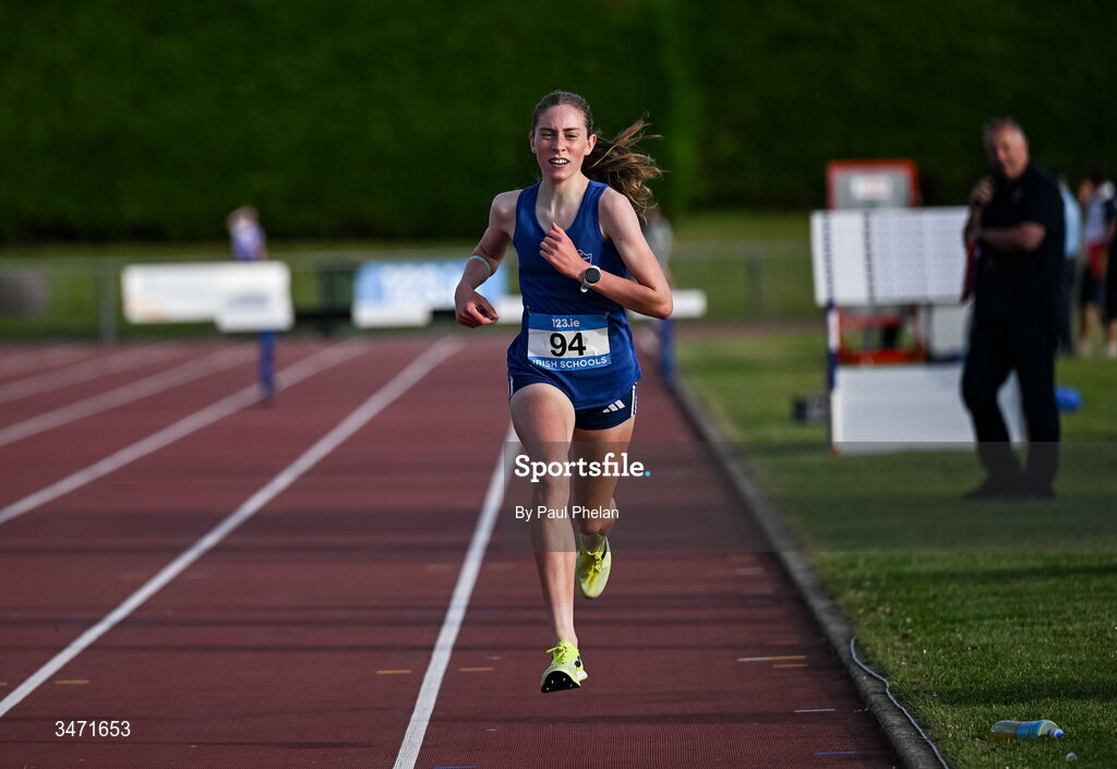 29 May 2026; Lucie Cawley of Mercy College Sligo, Sligo, wins the inter girls 1500m steeplechase during day one of the 123.ie All-Ireland Schools' Track and Field Championships at Tullamore Harriers Athletics Club in Offaly. Photo by Paul Phelan/Sportsfile