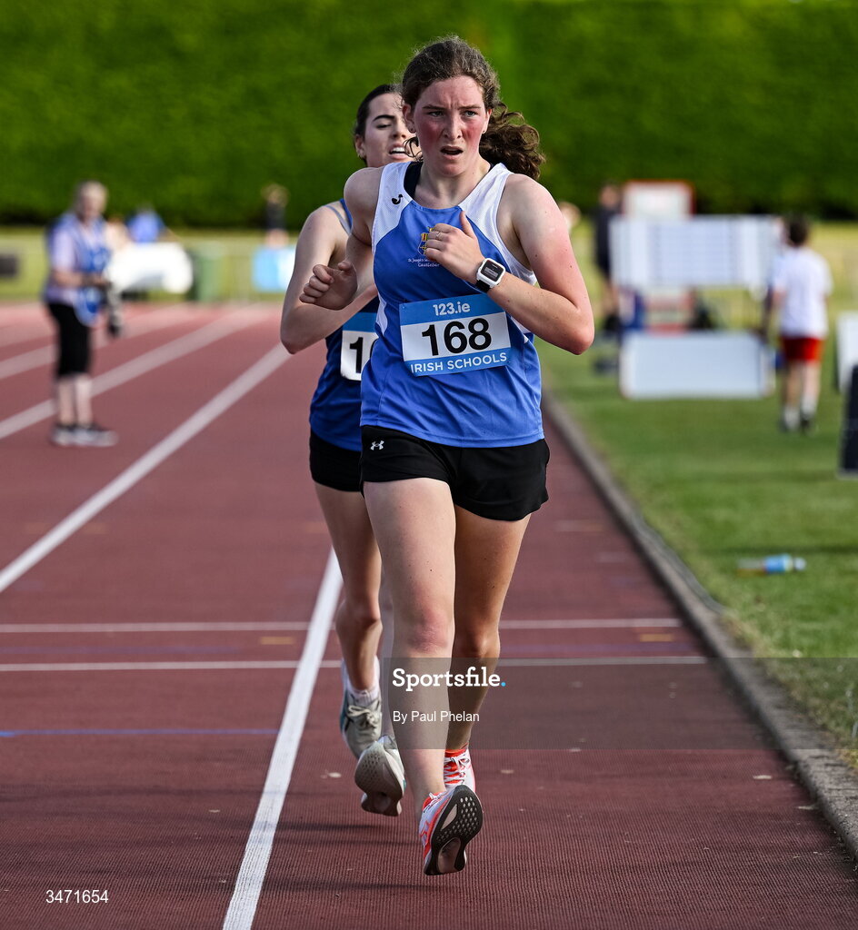 29 May 2026; Pearl Sands of St Joseph's Castlebar, Mayo, wins the inter girls 2000m walk during day one of the 123.ie All-Ireland Schools' Track and Field Championships at Tullamore Harriers Athletics Club in Offaly. Photo by Paul Phelan/Sportsfile