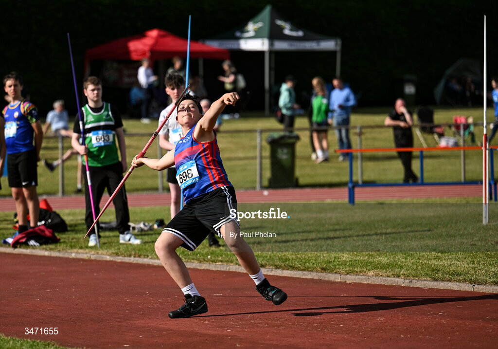 29 May 2026; Sam O'Shea of Intermediate School Killorglin, Kerry, competing in the junior boys javelin during day one of the 123.ie All-Ireland Schools' Track and Field Championships at Tullamore Harriers Athletics Club in Offaly. Photo by Paul Phelan/Sportsfile
