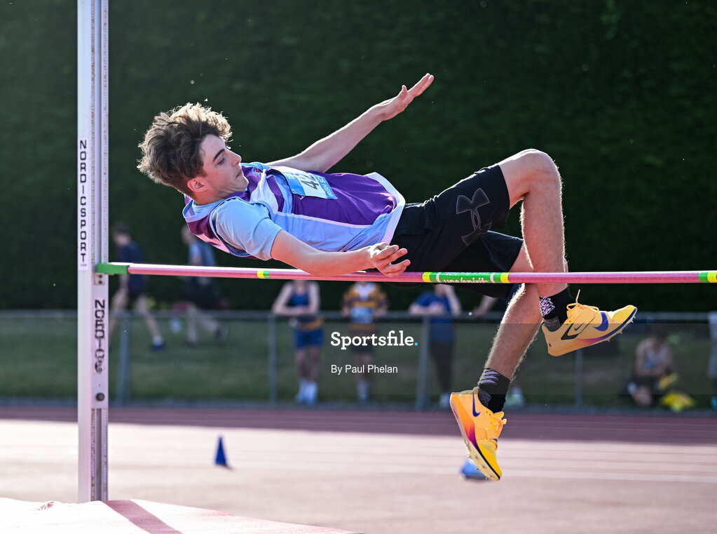 29 May 2026;  Aodhán Reilly Mcgee of Malahide ETSS, Dublin, competing in the junior boys high jump  during day one of the 123.ie All-Ireland Schools' Track and Field Championships at Tullamore Harriers Athletics Club in Offaly. Photo by Paul Phelan/Sportsfile