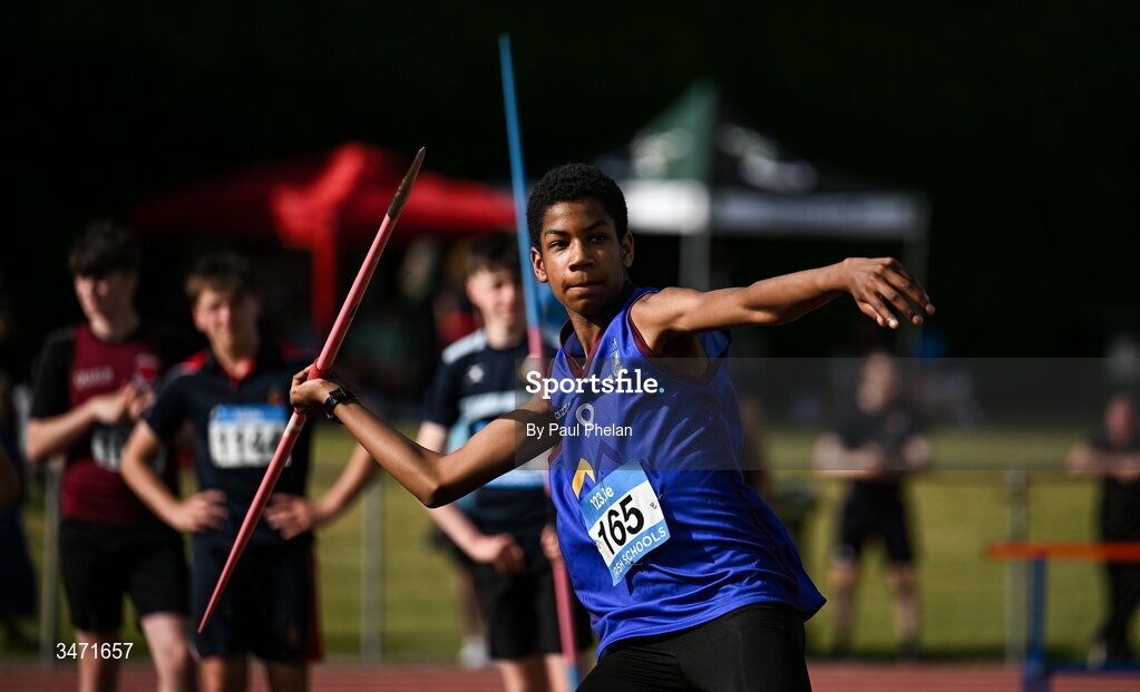 29 May 2026; Shiloh Ndefo of St Jarlath's College Tuam, Galway, competing in the junior boys javelin during day one of the 123.ie All-Ireland Schools' Track and Field Championships at Tullamore Harriers Athletics Club in Offaly. Photo by Paul Phelan/Sportsfile