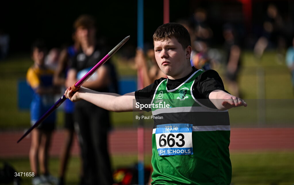29 May 2026; Michael Bannon of Colaiste Chriost Ri, Cork, competing in the junior boys javelin during day one of the 123.ie All-Ireland Schools' Track and Field Championships at Tullamore Harriers Athletics Club in Offaly. Photo by Paul Phelan/Sportsfile
