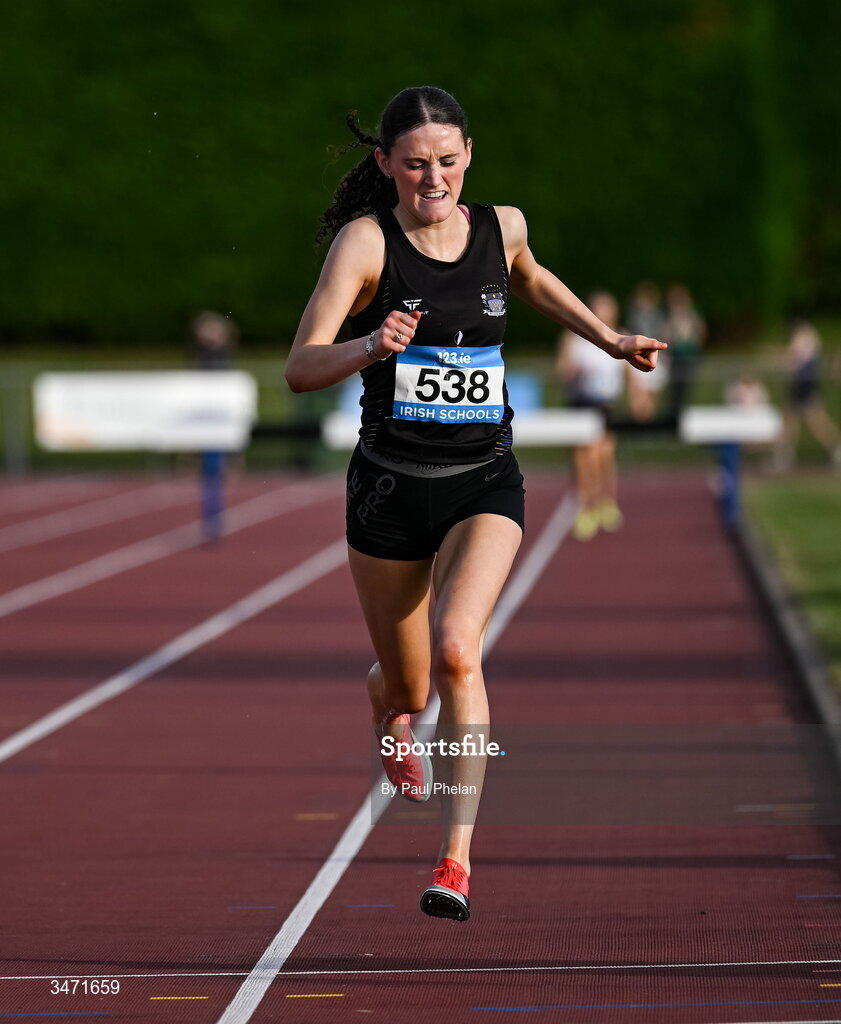 29 May 2026; Dearbhla Allen of St. Marys Dundalk, Louth, wins  the senior girls 1500m steeplechase, during day one of the 123.ie All-Ireland Schools' Track and Field Championships at Tullamore Harriers Athletics Club in Offaly. Photo by Paul Phelan/Sportsfile