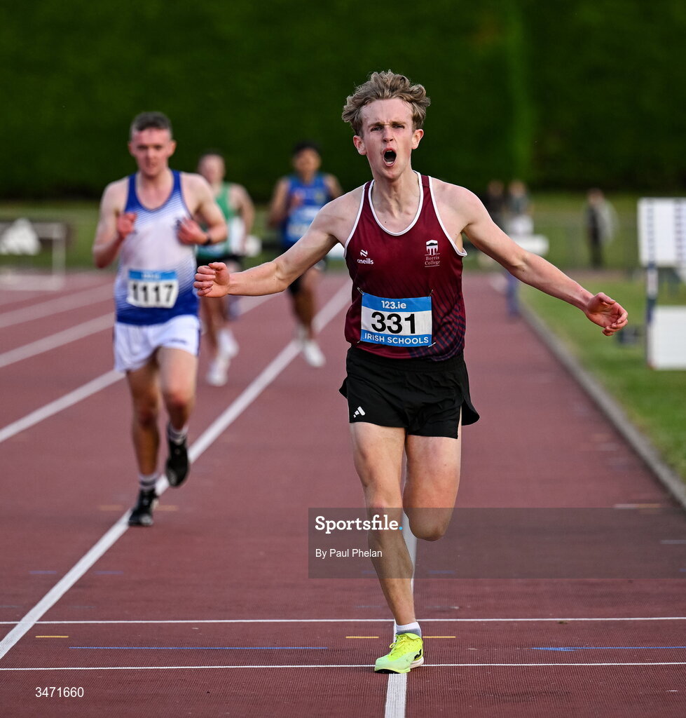 29 May 2026; Tom Murphy of Borris College, Carlow, wins the senior boys 2000m steeplechase during day one of the 123.ie All-Ireland Schools' Track and Field Championships at Tullamore Harriers Athletics Club in Offaly. Photo by Paul Phelan/Sportsfile