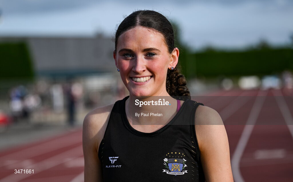 29 May 2026; Dearbhla Allen of St. Marys Dundalk, Louth, after winning the senior girls 1500m steeplechase, during day one of the 123.ie All-Ireland Schools' Track and Field Championships at Tullamore Harriers Athletics Club in Offaly. Photo by Paul Phelan/Sportsfile