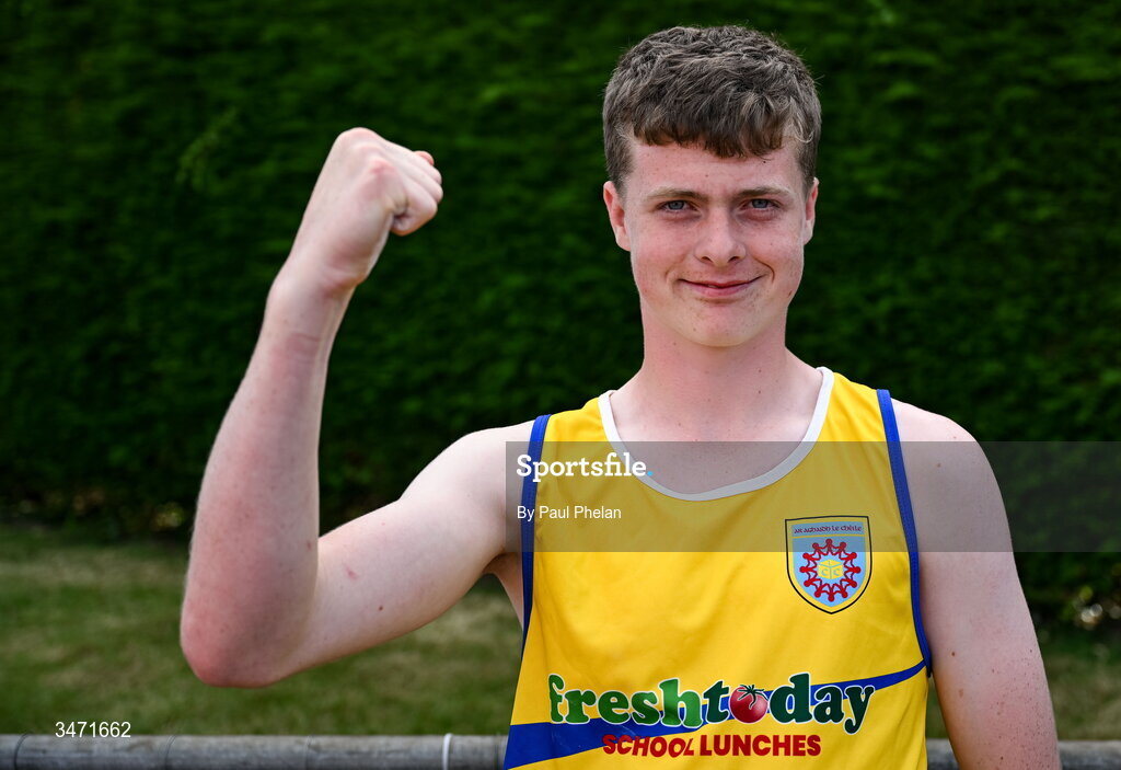 29 May 2026; Andrew Nolan of Lanesboro Community College, Longford, celebrates winning the minor boys shot put during day one of the 123.ie All-Ireland Schools' Track and Field Championships at Tullamore Harriers Athletics Club in Offaly. Photo by Paul Phelan/Sportsfile