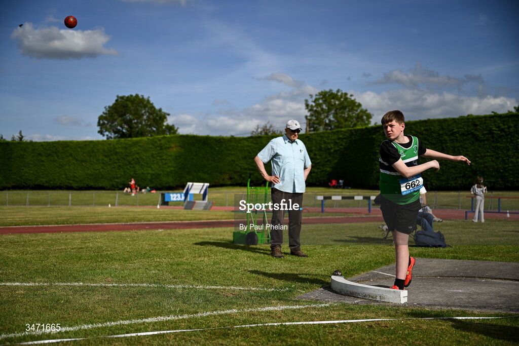 29 May 2026; Jason Bannon of Colaiste Chriost Ri, Cork, competing in the minor boys shot put during day one of the 123.ie All-Ireland Schools' Track and Field Championships at Tullamore Harriers Athletics Club in Offaly. Photo by Paul Phelan/Sportsfile