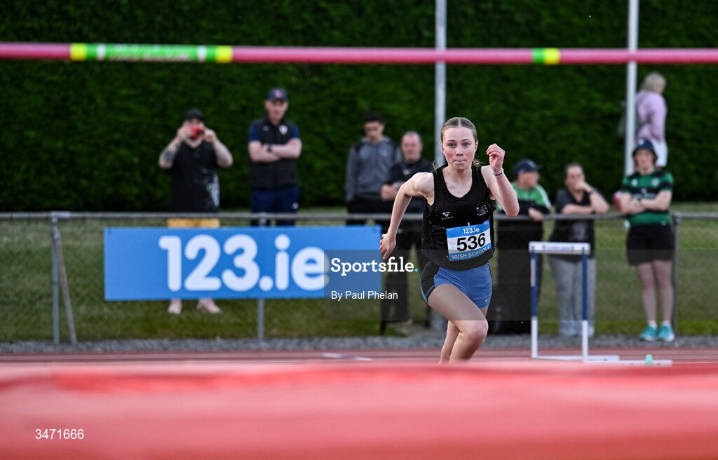 29 May 2026; Autumn Moran of St. Marys Dundalk, Louth, competing in the minor girls high jump during day one of the 123.ie All-Ireland Schools' Track and Field Championships at Tullamore Harriers Athletics Club in Offaly. Photo by Paul Phelan/Sportsfile