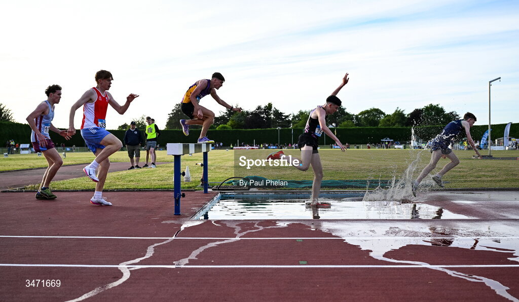 29 May 2026; Athletes undertake the water jump in the senior boys 2000m steeplechase during day one of the 123.ie All-Ireland Schools' Track and Field Championships at Tullamore Harriers Athletics Club in Offaly. Photo by Paul Phelan/Sportsfile