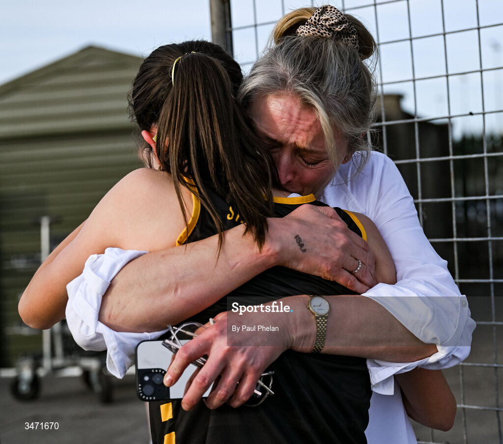 29 May 2026; Chloe Bell of St. Finians Mullingar, Westmeath, celebrates with her mother Denise after finishing second in the junior girls long jump during day one of the 123.ie All-Ireland Schools' Track and Field Championships at Tullamore Harriers Athletics Club in Offaly. Photo by Paul Phelan/Sportsfile