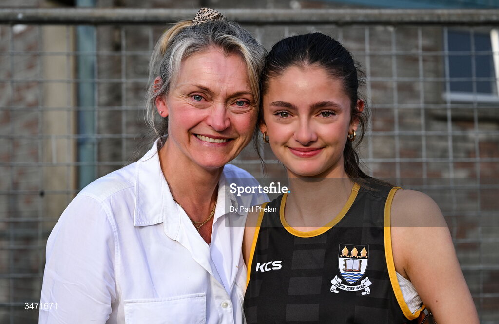 29 May 2026; Chloe Bell of St. Finians Mullingar, Westmeath, celebrates with her mother Denise after finishing second in the junior girls long jump during day one of the 123.ie All-Ireland Schools' Track and Field Championships at Tullamore Harriers Athletics Club in Offaly. Photo by Paul Phelan/Sportsfile