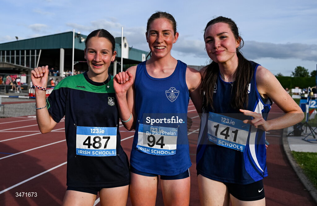 29 May 2026; Lucie Cawley of Mercy College Sligo, centre, who fininshed first, Claudia Coyle of Seamount College Kinvara, Galway, right, who finished second and Elizabeth Reamsbottom of Santa Sabina Sutton Dublin, left, who fininshed third in the inter girls 1500m steeplechase during day one of the 123.ie All-Ireland Schools' Track and Field Championships at Tullamore Harriers Athletics Club in Offaly. Photo by Paul Phelan/Sportsfile