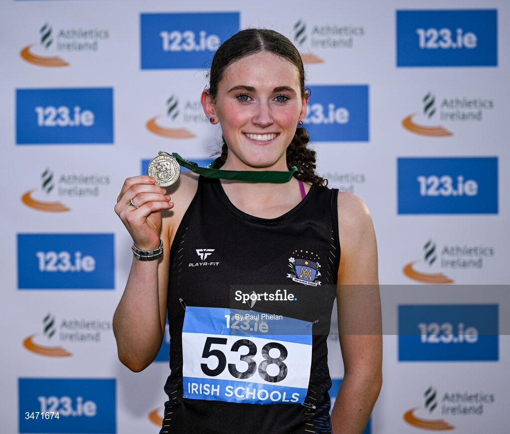 29 May 2026; Dearbhla Allen of St. Marys Dundalk, Louth holds up her gold medal after winning the senior girls 1500m steeplechase during day one of the 123.ie All-Ireland Schools' Track and Field Championships at Tullamore Harriers Athletics Club in Offaly. Photo by Paul Phelan/Sportsfile