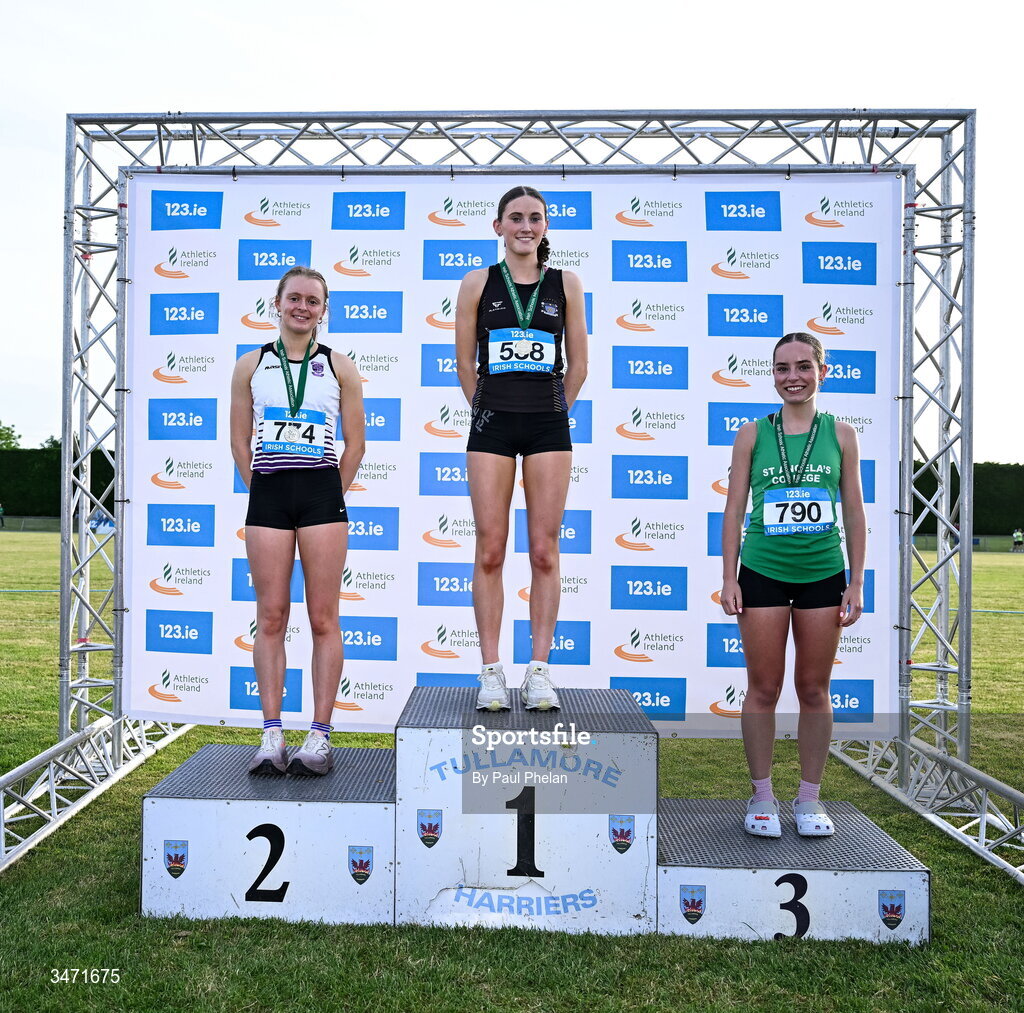 29 May 2026; Dearbhla Allen of St. Marys Dundalk, Louth centre who finished first alongside Caoimhe Flannery of Skibbereen CS, Cork, left, who finished second and Ella Dinan of St Angelas Cork, Cork, right, who finished third in the senior girls 1500m steeplechase during day one of the 123.ie All-Ireland Schools' Track and Field Championships at Tullamore Harriers Athletics Club in Offaly. Photo by Paul Phelan/Sportsfile