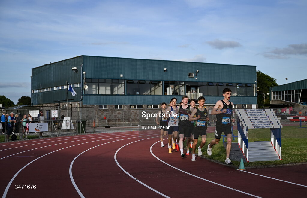 29 May 2026; Athletes competing in the senior boys 5000m during day one of the 123.ie All-Ireland Schools' Track and Field Championships at Tullamore Harriers Athletics Club in Offaly. Photo by Paul Phelan/Sportsfile
