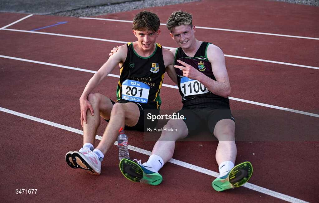 29 May 2026; Lucas Lyons of St.Clare's Comprehensive Manorhamilton, Leitrim, left, after finishing first, and Odhran McBrearty of St Columbas Stranorlar, Donegal, right, after fininshing third, in the senior boys 5000m during day one of the 123.ie All-Ireland Schools' Track and Field Championships at Tullamore Harriers Athletics Club in Offaly. Photo by Paul Phelan/Sportsfile